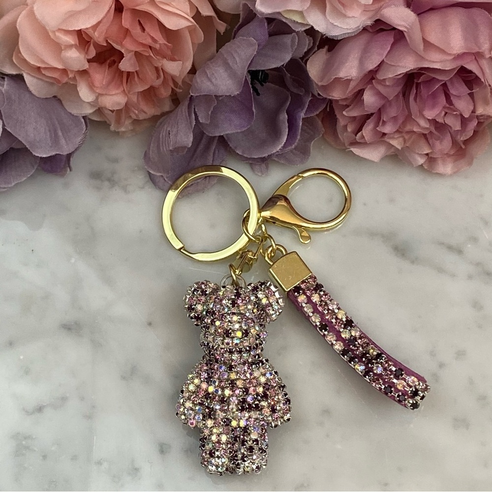 Multicolor Purple Crystal & Leather Strap Bear Keychain